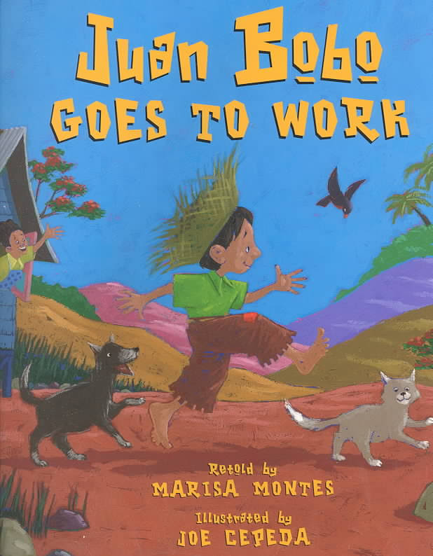 Book cover for "Juan Bobo Goes to Work" depicting a young boy walking with a dog and cat
